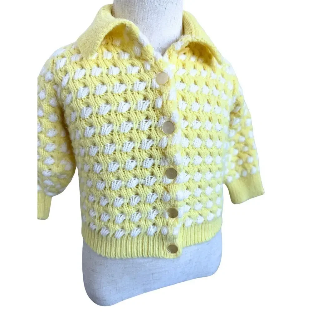 Vintage Orlon Acrylic Baby Yellow Cardigan Sweater White Popcorn Knit